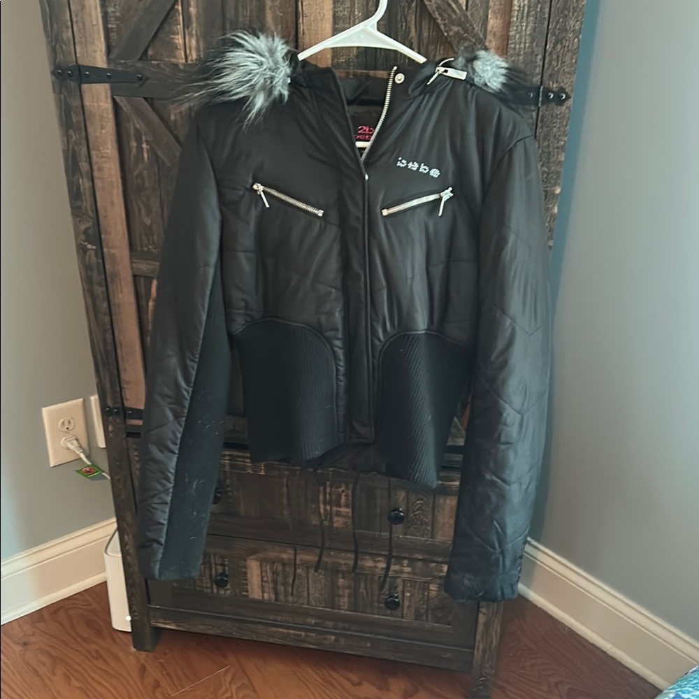 Women's Black Jacket with Faux Fur Hood